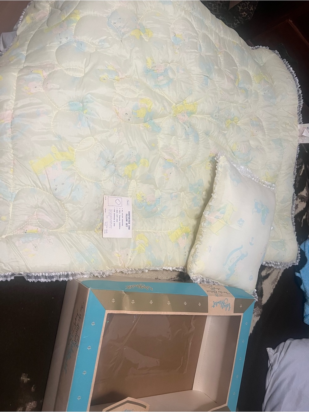 NIB Vintage Sears Plush Baby Quilt and Pillow Set in Pale Yellow